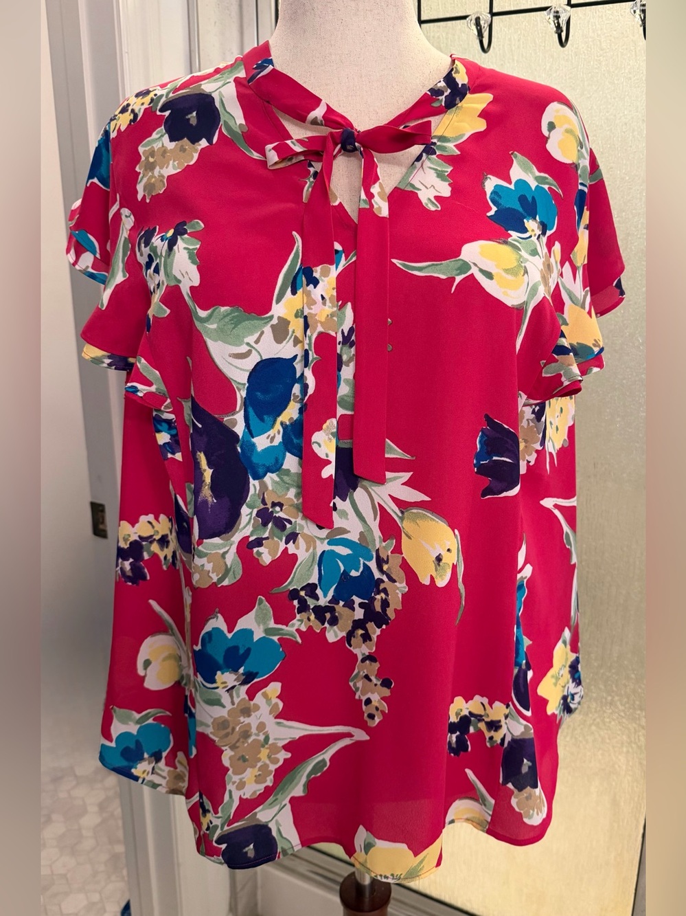 Lauren Ralph Lauren Pink Floral Georgette Tie-Neck Blouse 2X NWT $45
